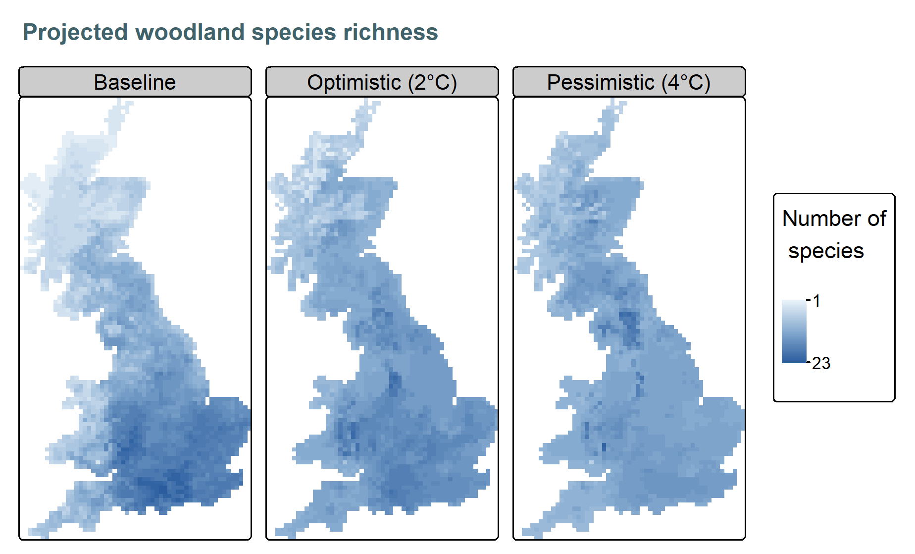 Predicted species richness of 30 priority woodland plants and birds under baseline (1961–1990) and projected future climate (2070–2099). Future conditions are based on an ‘Optimistic’ scenario (B1) and a more ‘Pessimistic’ scenario (A1B) from the UKCP09. Climate suitability maps for each species were taken from Critchlow et al. (2022).